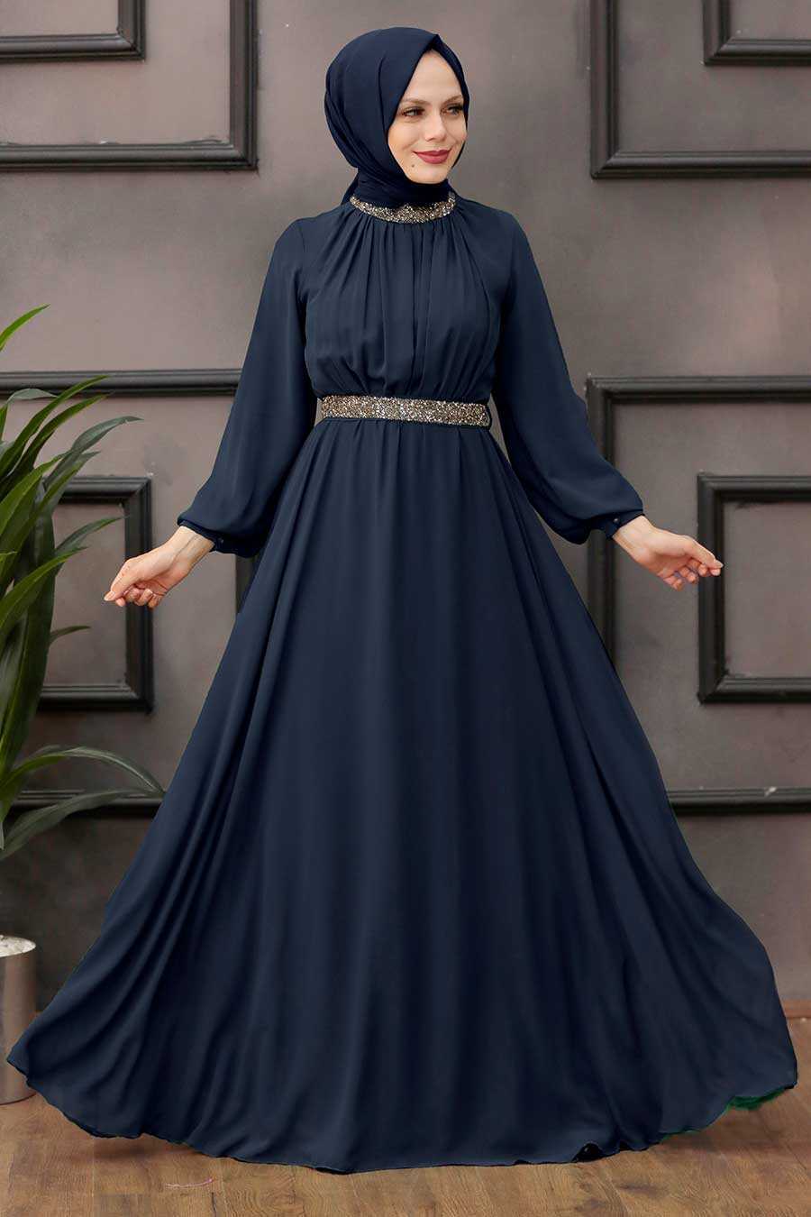 Modern Navy Blue Modest Islamic Clothing Wedding Dress 23310L
