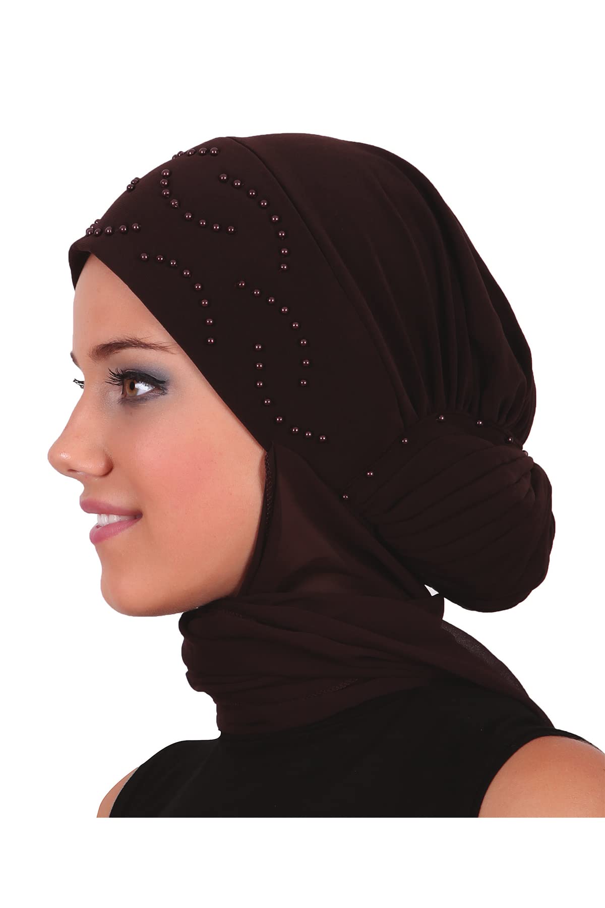 Brown Hand Made Pearl Bonnet Turban Strip Fitted Shawl Jooz920 – Joozal