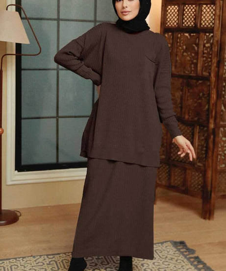 Dark Brown Hijab Knitwear Suit Dress 34021KKH