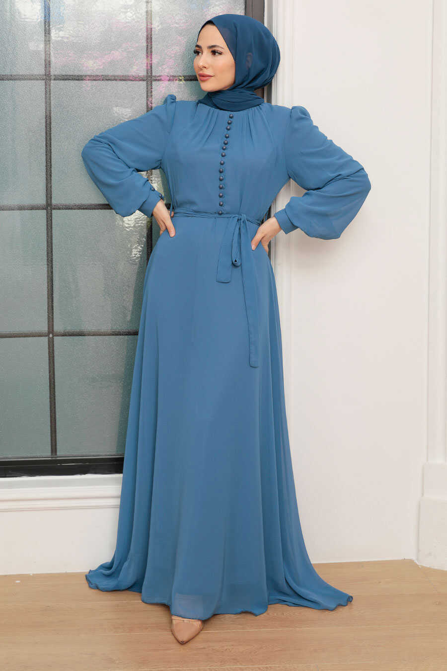 İndigo Blue Hijab Turkish Dress 29712IM 