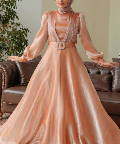 Elegant Biscuit Hijab Evening Dress 36831BS