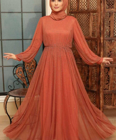 Elegant Terra Cotta Muslim Fashion Evening Dress 20951KRMT