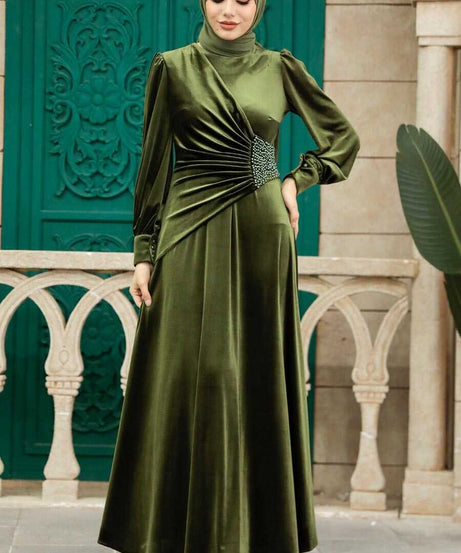 Khaki Velvet Long Dress 3845HK