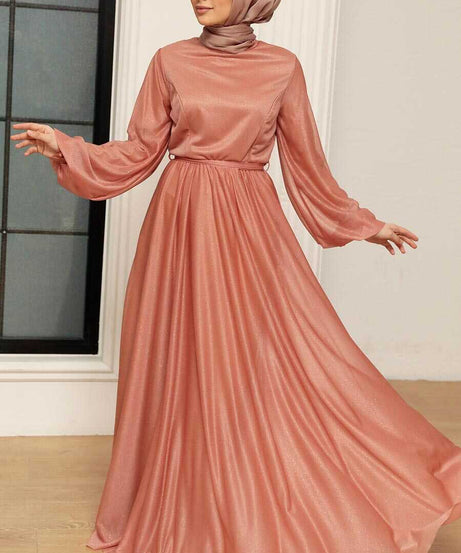 Long Salmon Pink Modest Wedding Dress 55410SMN