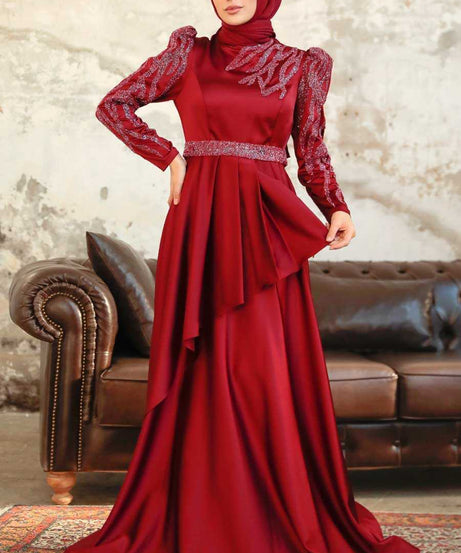 Luxorious Claret Red Modest Evening Dress 22671BR