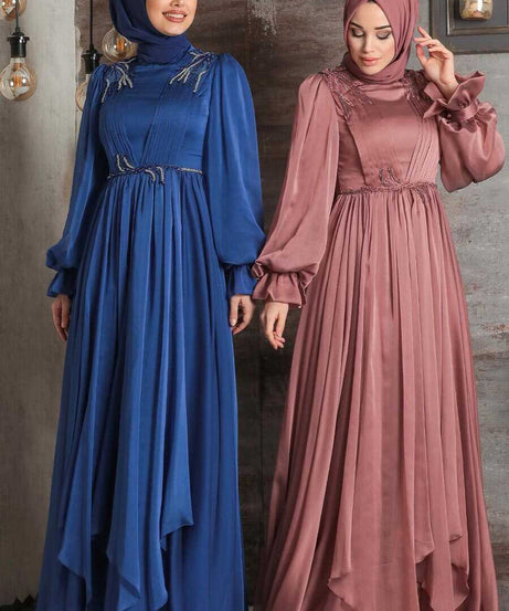 Plus Size İndigo Blue Modest Islamic Clothing Evening Dress 22113IM