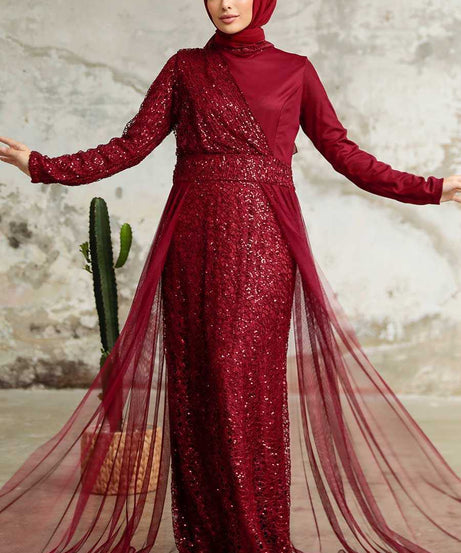 Plus Size Claret Red Islamic Wedding Dress 5345BR