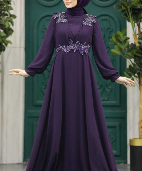 Plus Size İndigo Blue Modest Islamic Clothing Evening Dress 22113IM 
