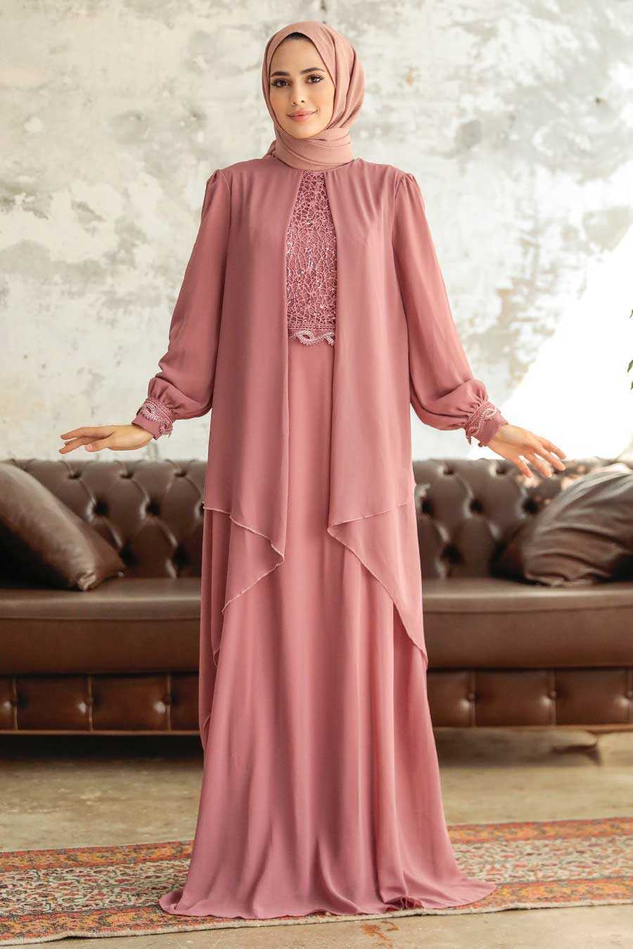 Plus Size Powder Pink Islamic Evening Dress 25765PD Joozal