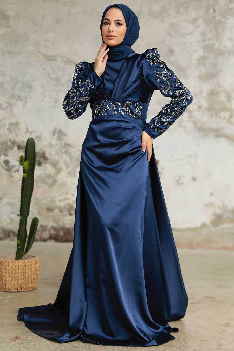 Satin Navy Blue Islamic Clothing Wedding Dress 2282L – Joozal