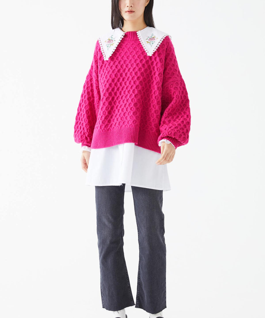 Pull maille tricot nid d'abeille - fuchsia