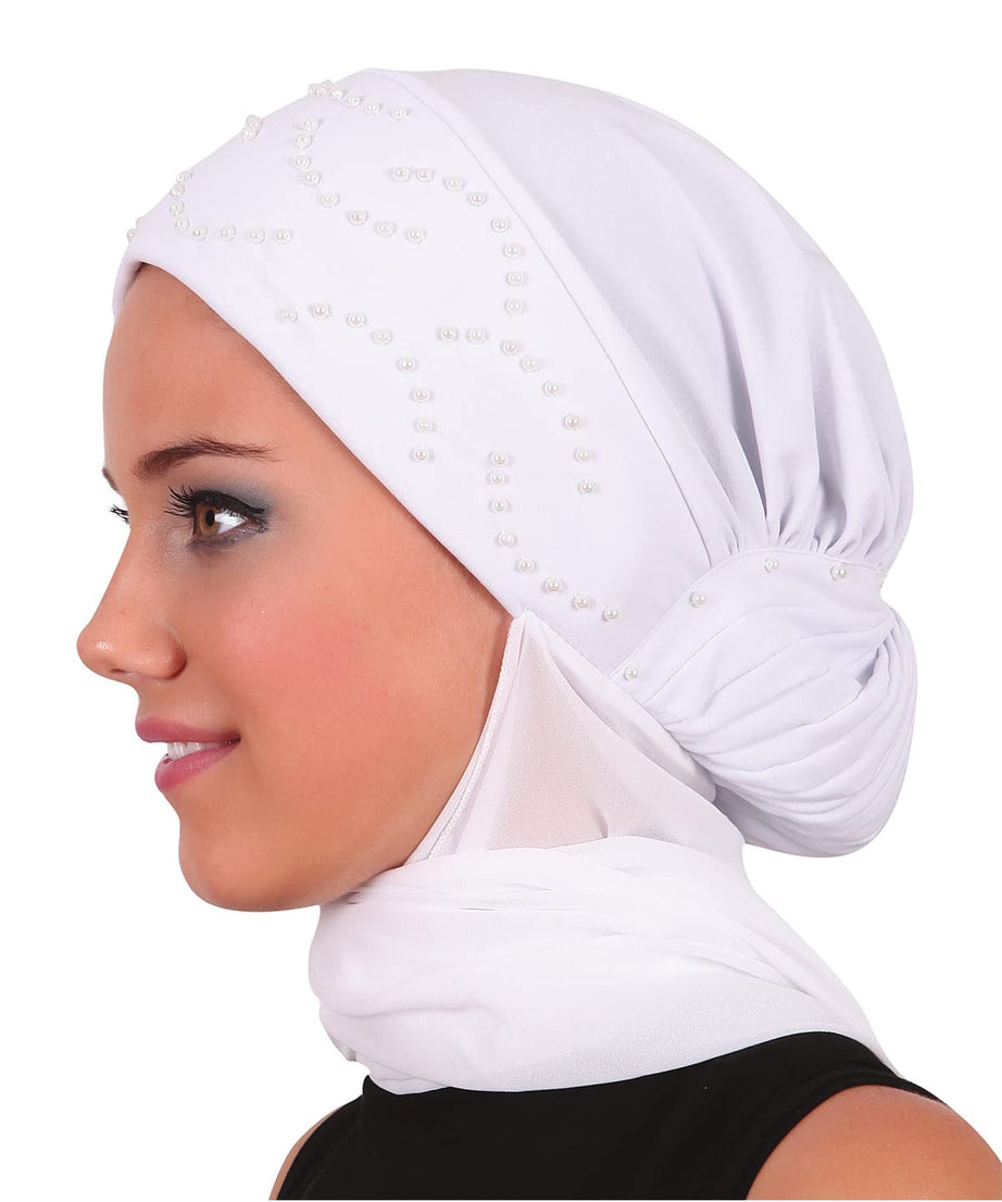 White Hand Made Pearl Bonnet Turban Strip Fitted Shawl Jooz920