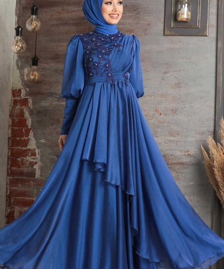 Modern İndigo Blue Islamic Bridesmaid Dress 21930IM