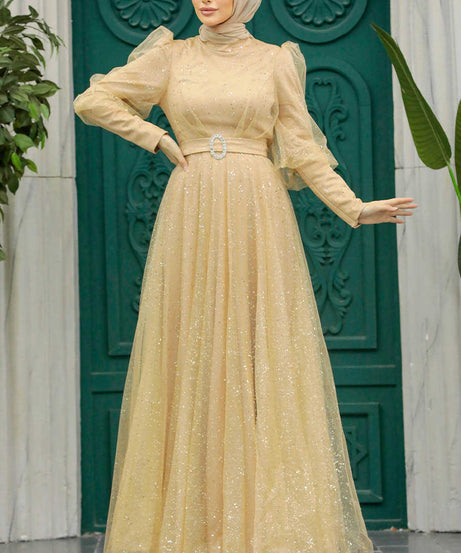 Modern Gold Hijab Wedding Dress 23041GOLD