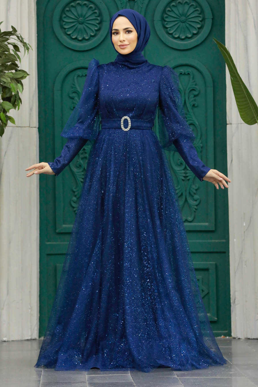 Modern Navy Blue Hijab Wedding Dress 23041L Joozal