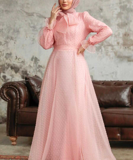 Stylish Powder Pink Islamic Long Sleeve Maxi Dress 3871PD